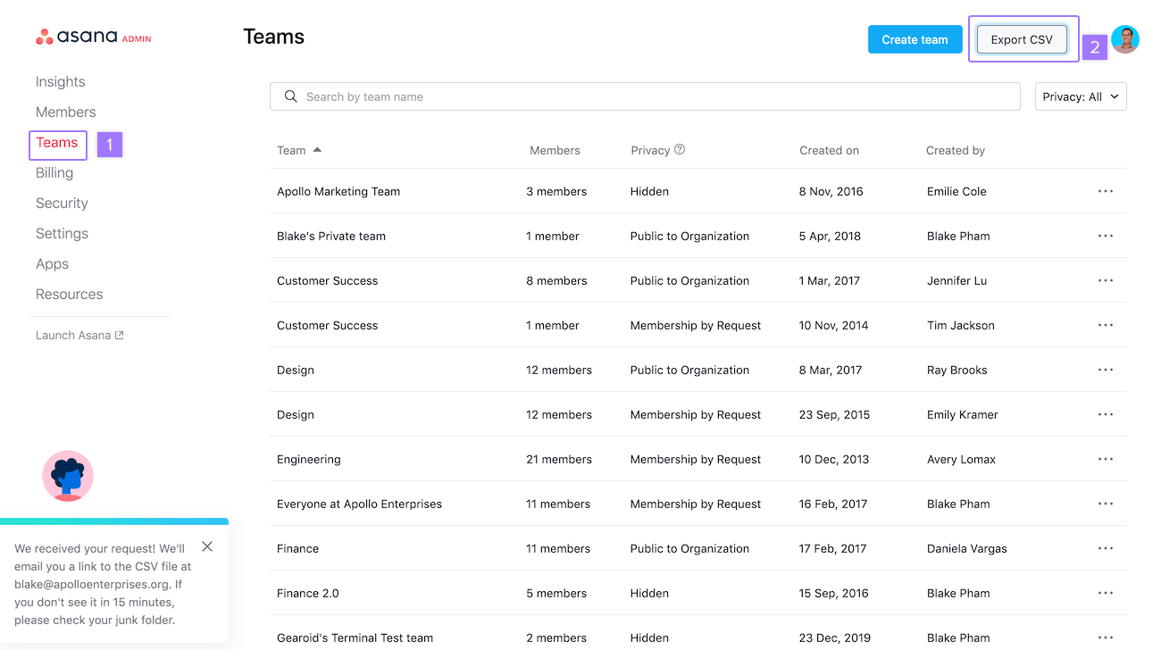 Page of Privacy and Security Settings in Asana App